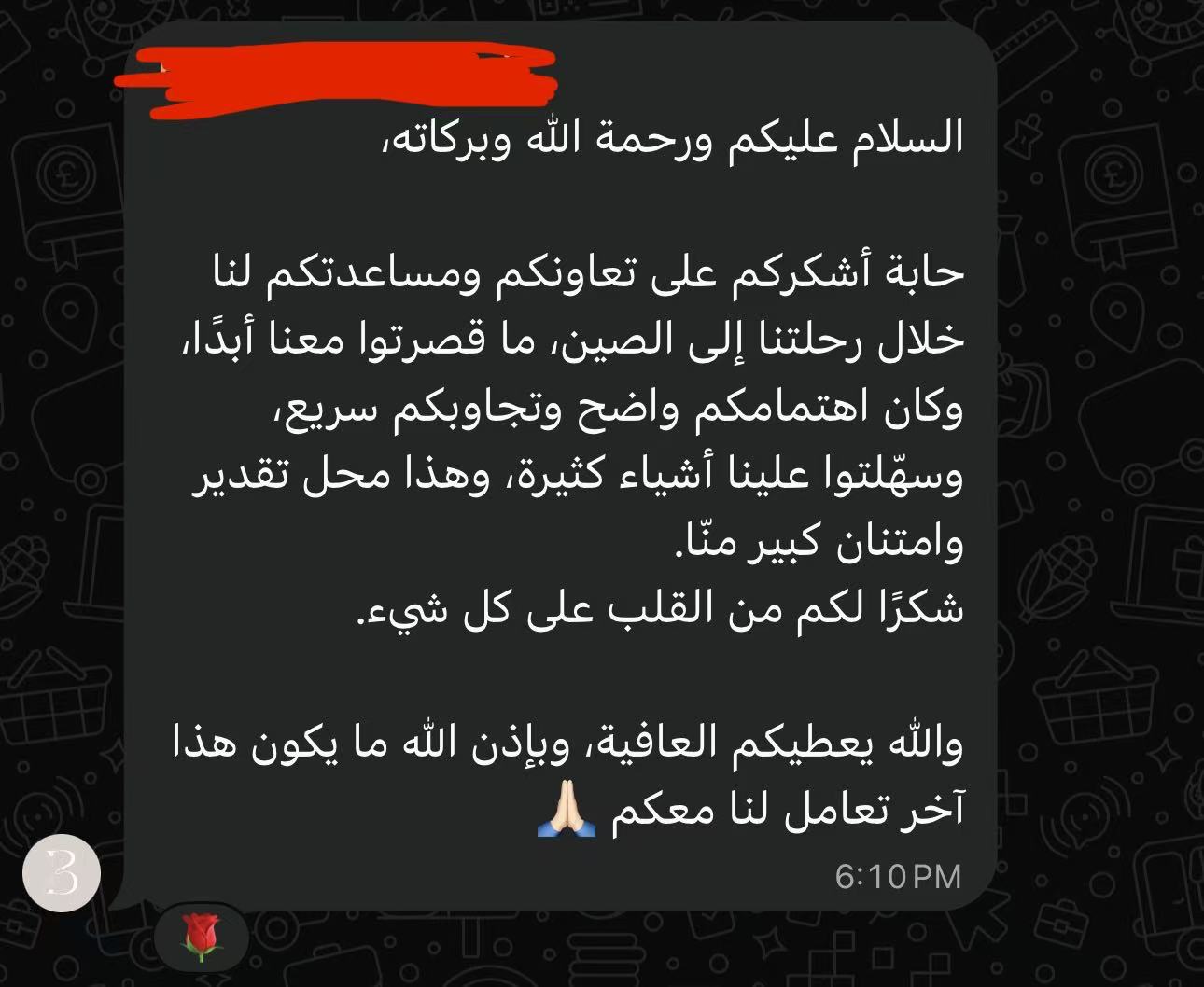 Original WhatsApp thank-you message from a client